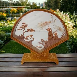 Asian Cork Peacocks Diorama Shadow Box Sculpture Hand Carved Gold Tone Frame Vtg